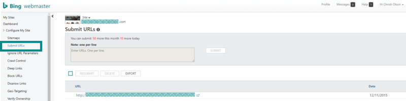 Bing Webmaster Tools Configure Submit Urls
