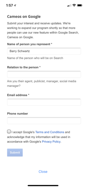 Google Cameo Interest Form