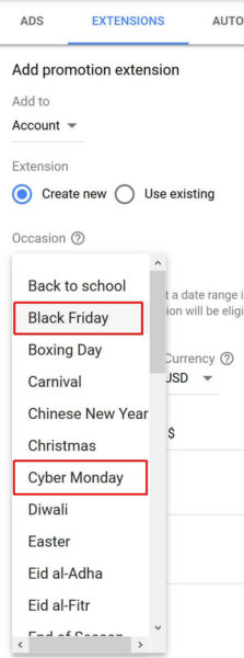 Google Ads Black Friday Cyber Monday Promotion Extensions 2018