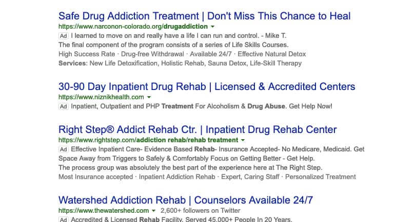 Addiction recovery ads on Bing