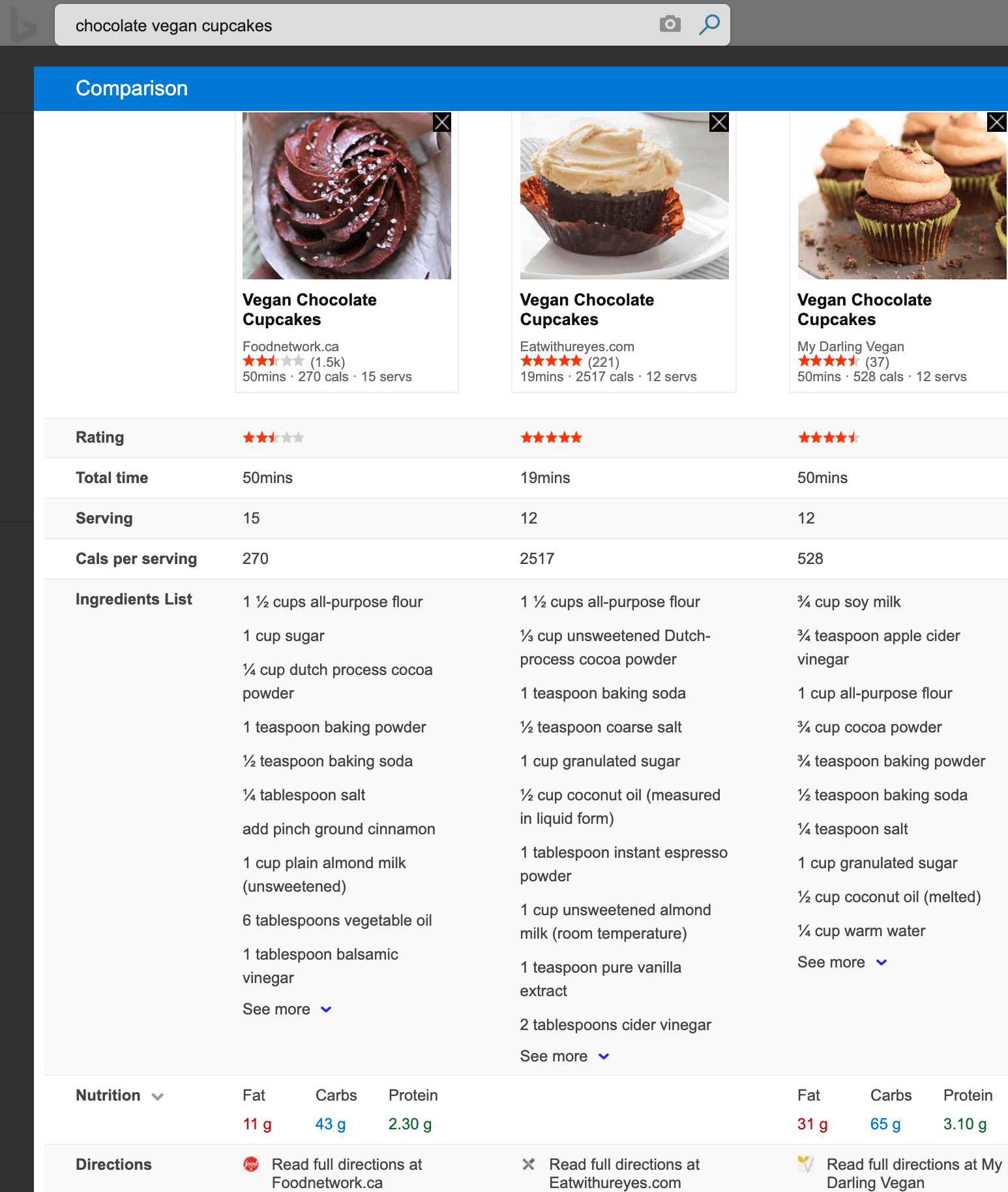 Bing showing a streamlined recipe carousel in search results