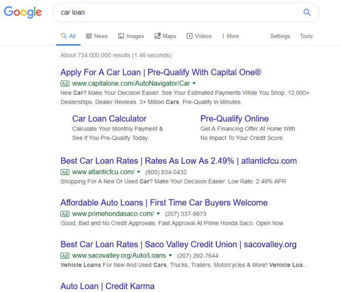 Google Car Loan Serp Shorter Ads 081619