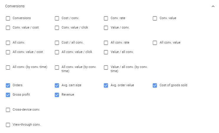 Google Ads Ecommerce Cart Conversions Columns Beta