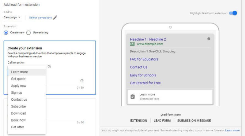 Google Ads Lead Form Extension Call To Action