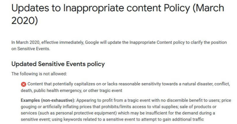 Google Ads Inappropriate Content Policy Coronavirus