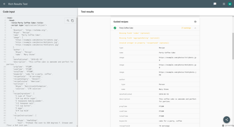 Guided Recipes Rich Results Test
