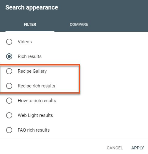 Google Search Console Recipe Search Appearance Filters 1591706110