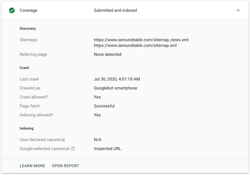 Google Url Inspection Tool Index Details