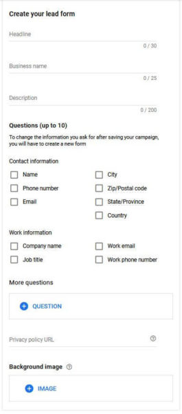 Google Lead Form Extension Fields 082020