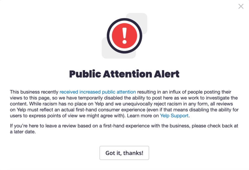 Yelp Public Attention Alert