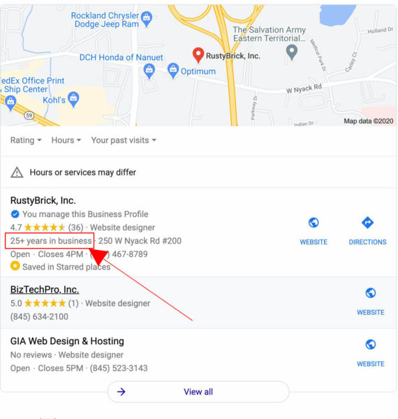 google my business shows number of years in business