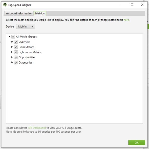 The metrics tab within the pagespeed insights menu of screaming frog.