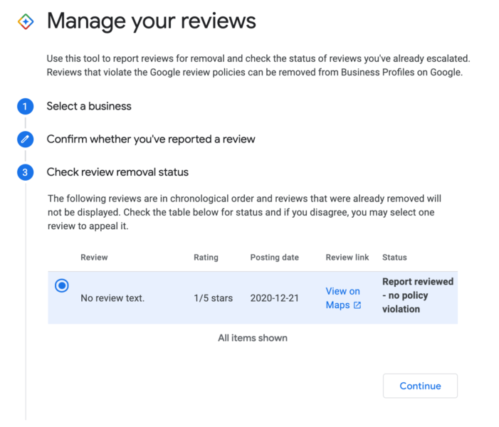 Google My Business Manage Reviews Report Status
