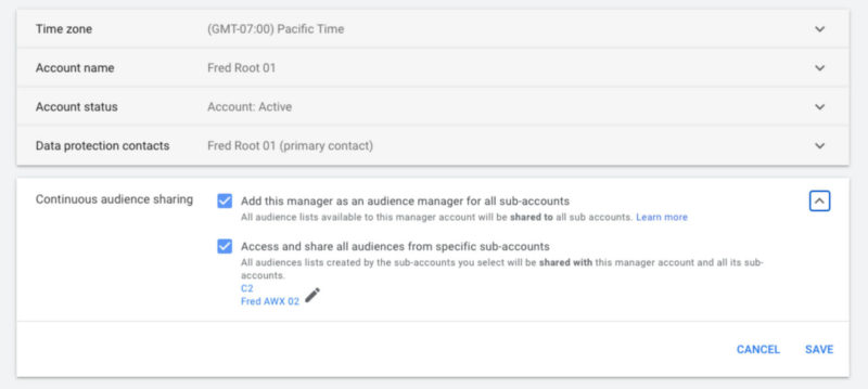 continuous audience sharing settings in Google Ads