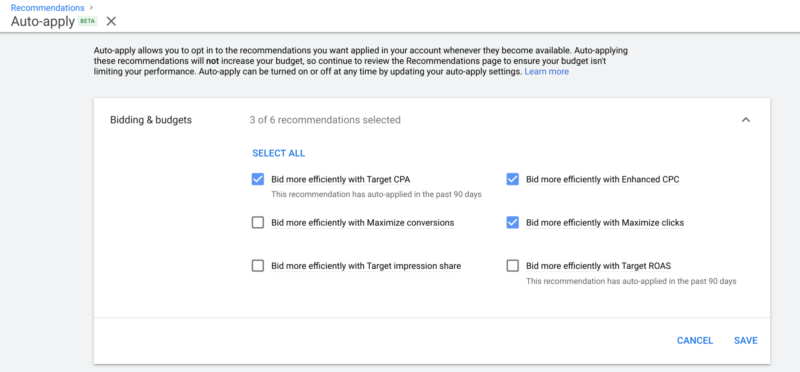 Google Auto Recommendations Settings