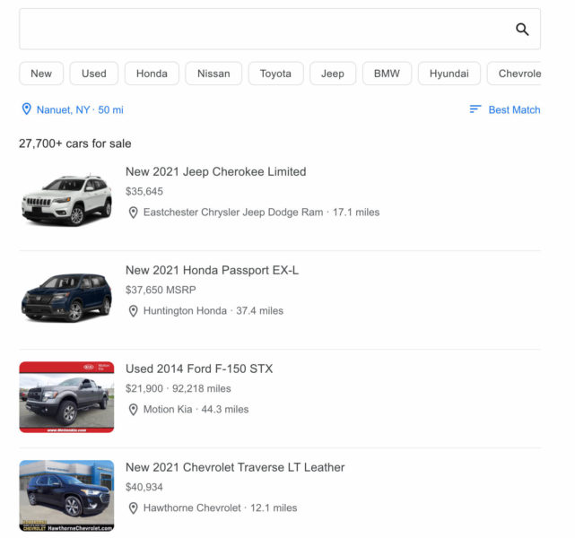 Google local car dealership inventory search results