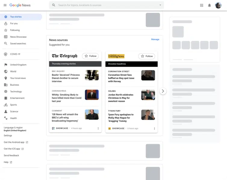 A mockup of Google News Showcase on desktop