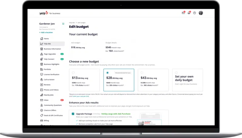 Yelp's redesigned budget editor