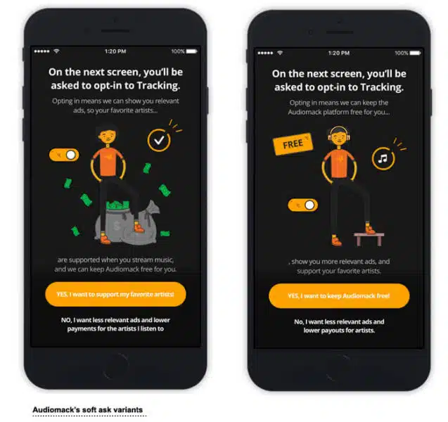 Audiomack's "soft ask" screen for ad tracking