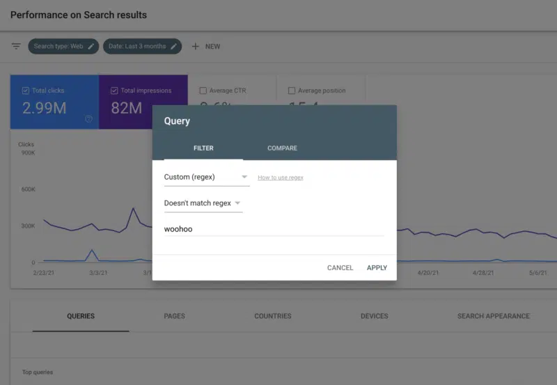 the negative match regex filter in google search console