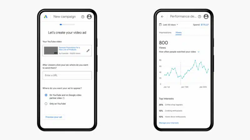 Examples of the simplified YouTube video ad creation workflow on mobile.