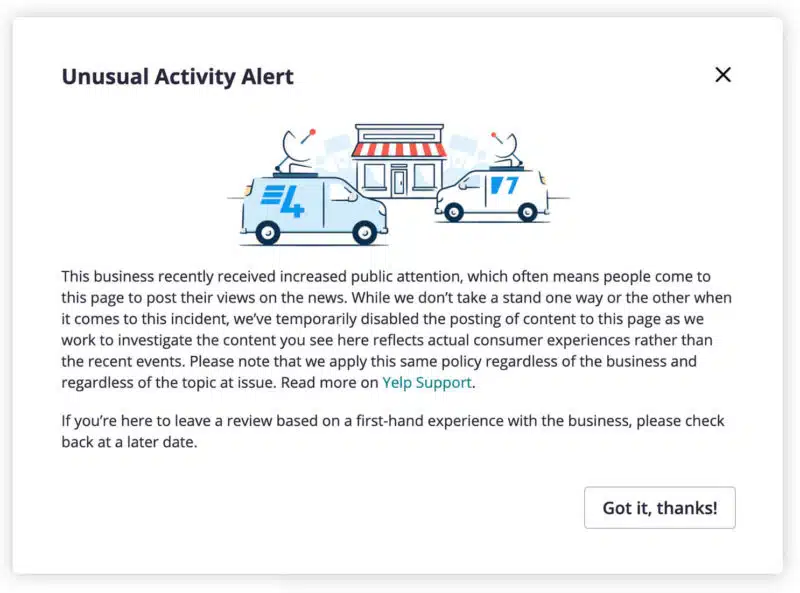Yelp Unusual Activity Alert