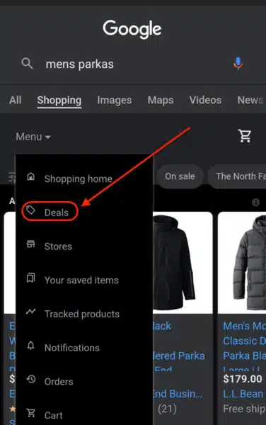 Google Deals Shopping Menu