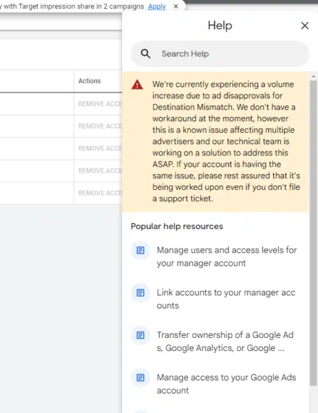 Google Ads Destination Mismatch Notice