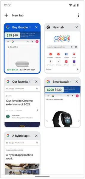 Price drop notifications in the open tabs grid on the mobile version of Google Chrome.