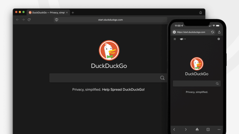 Examples of DuckDuckGo's browser on desktop and mobile.