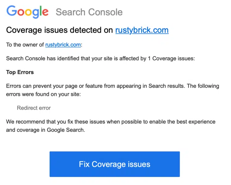 Google Search Console Coverage Issue Redirect Error 1639315539