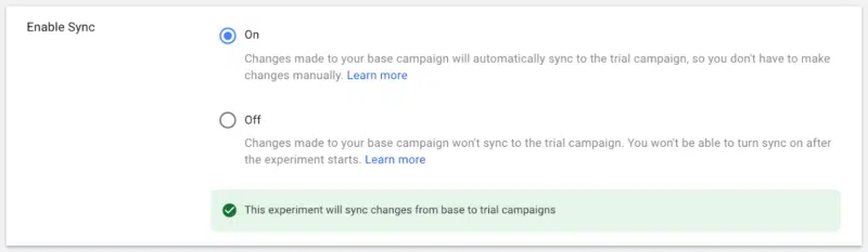 The experiment sync option in Google Ads.