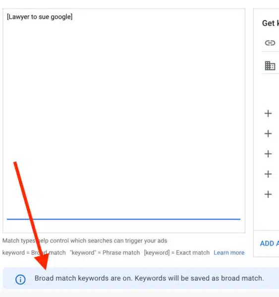 A screenshot of an incorrect message in Google Ads stating that exact match keywords are saving as broad match