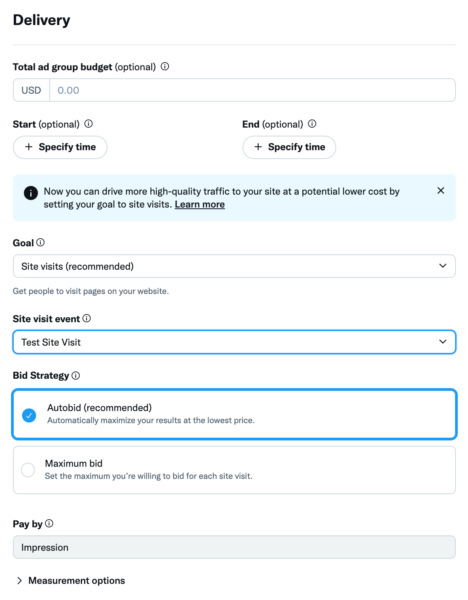 Site Visit Optimization options in Twitter