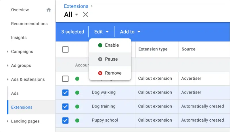 Google Ads Automated Extensions Reporting