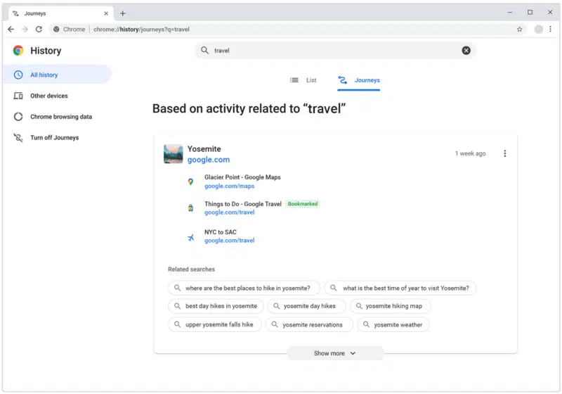 Google Chrome Journeys For Travel