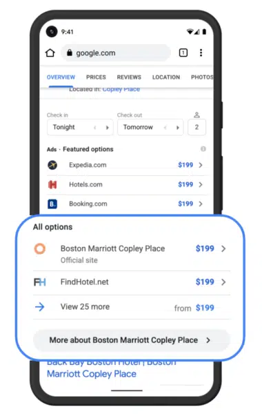 Google's free hotel links in search results