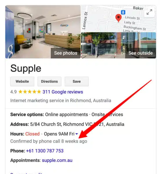 Google Confirmed by phone call in local panel