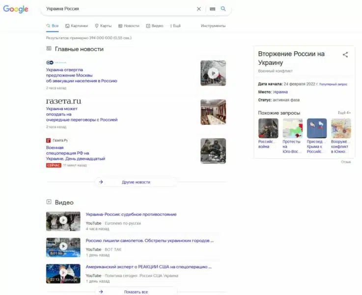 The Russian Google search results for  "Ukraine Russia"