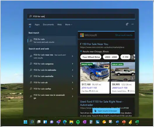 Automotive Ads within the Windows search bar.