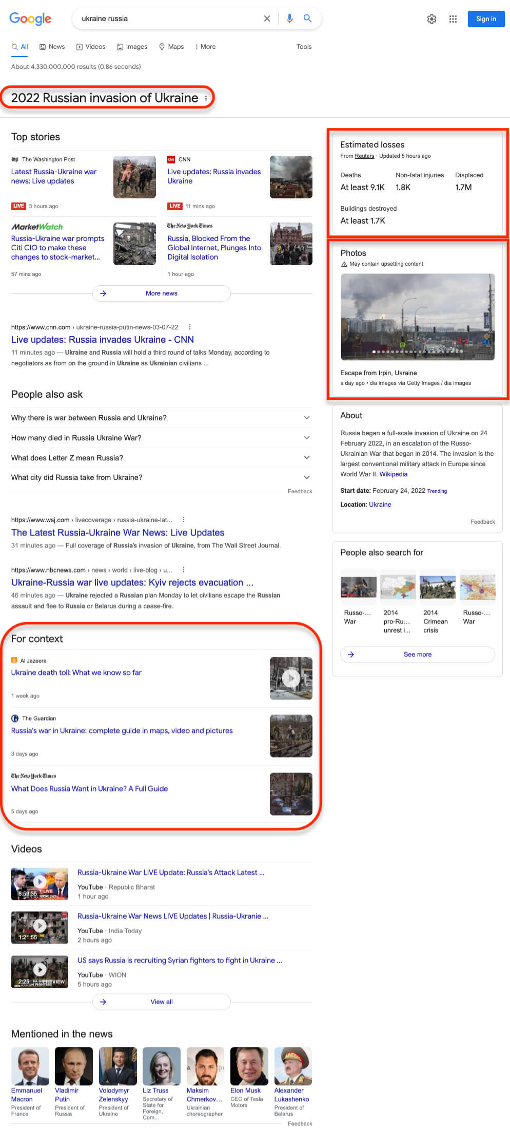 La page de résultats de recherche de Google sur l'invasion russe de l'Ukraine en 2022 sur ordinateur