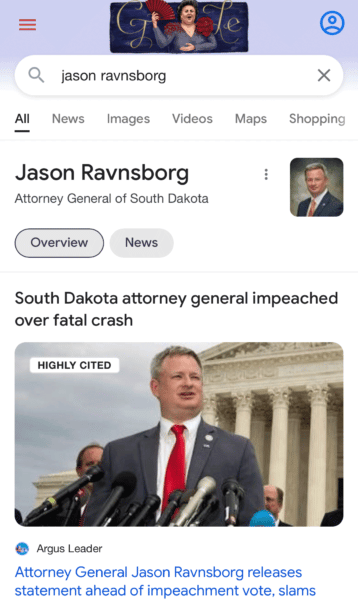 A Google screenshot showing the top stories section of a resuts page regarding "Jason Ravnsborg"