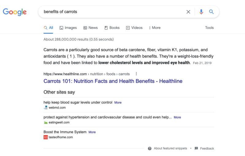 google serp benefits of carrots other sites say