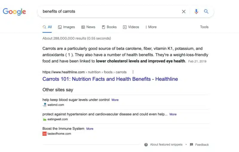 Google Serp Benefits Of Carrots Other Sites Say