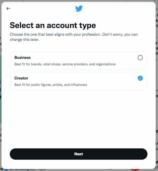 twitter select account type