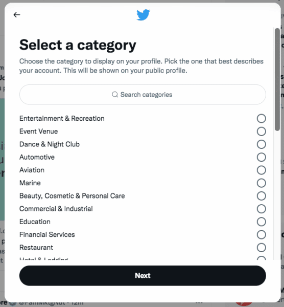 twitter select category