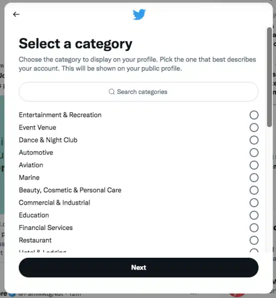 Twitter Select Category