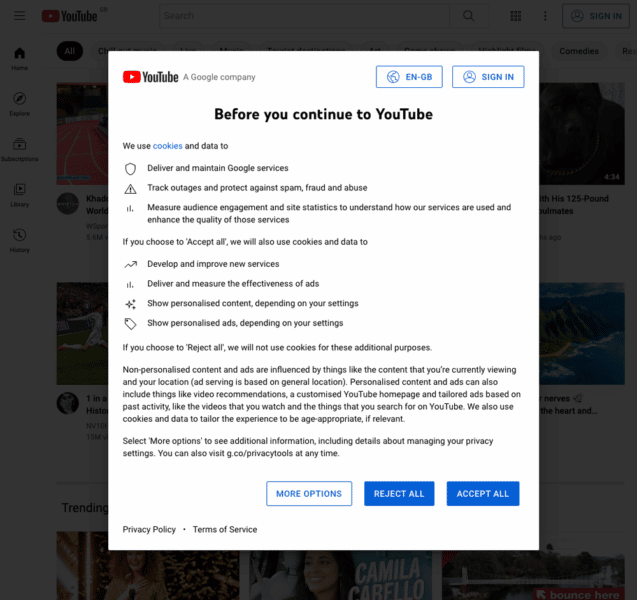 youtube reject accept all cookies