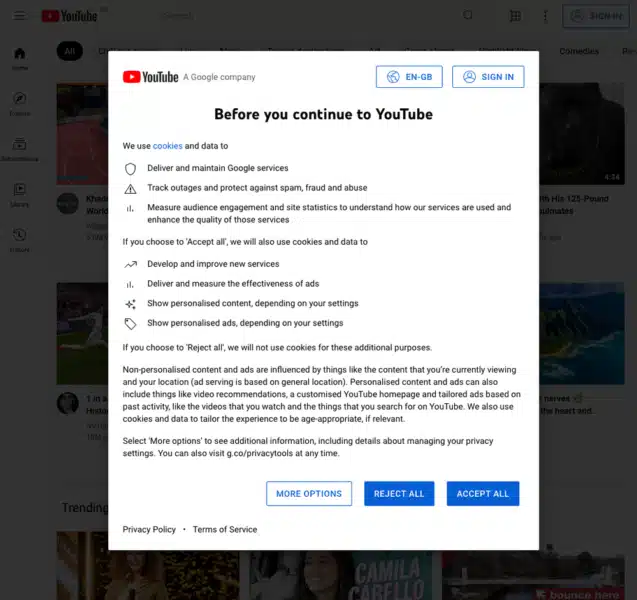 Youtube Reject Accept All Cookies