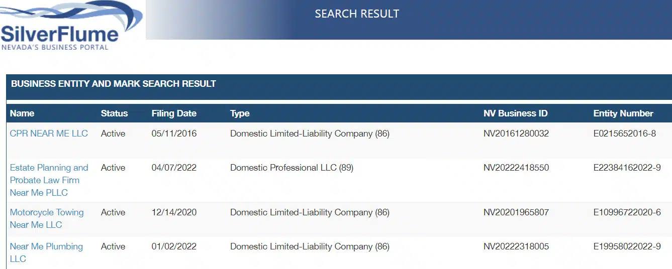 Business registrations for “Near Me” in Nevada